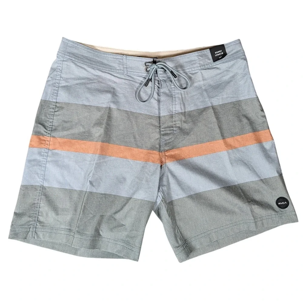 RVCA Mens Striped 17 Inch Short Length 2-Way Stretch Board Shorts Blue/Gray/Org
